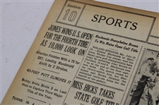 1930 New York Times Bobby Jones 'Jones Wins U. S. Open For The Fourth Time As 10,000 Look On' Newspaper Article