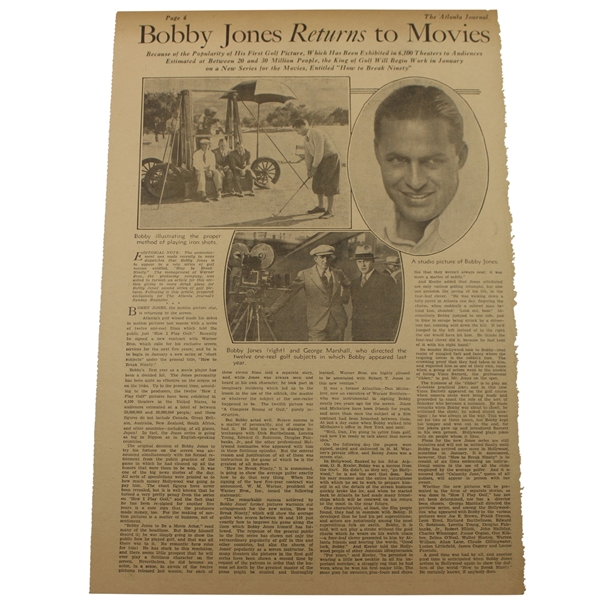 1933 Atlanta Journal Bobby Jones Bobby Jones Returns To The Movies Newspaper Article