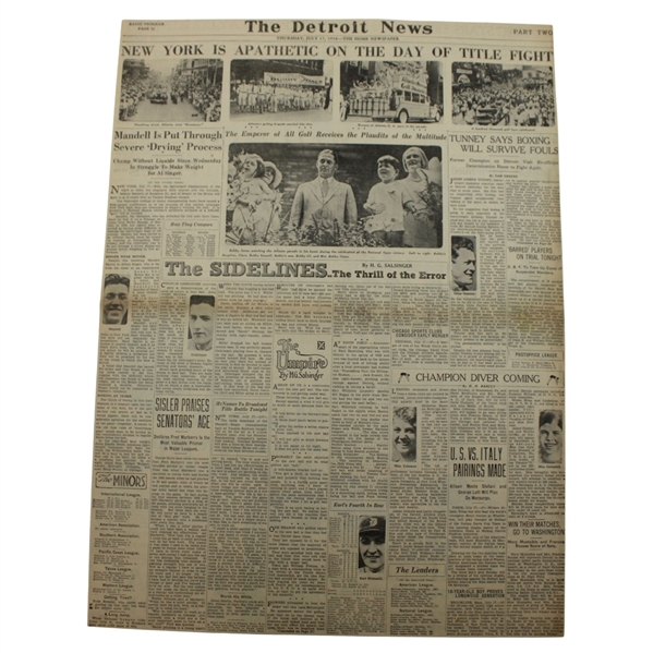 1930 Detroit News Bobby Jones The Emperor Of All Golf Receives The Plaudits Of The Multitude Newspaper Article
