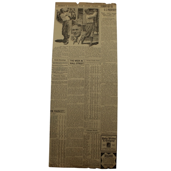 1923 Sunday Sentinel Bobby Jones Bobbys Looking For More Fame Newspaper Article