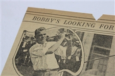 1923 Sunday Sentinel Bobby Jones 'Bobby's Looking For More Fame' Newspaper Article