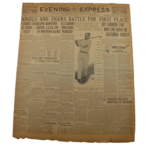 1916 Los Angeles Evening Express Bobby Jones Golf Champion To Meet Boy Marvel In Tourney Today Newspaper Article