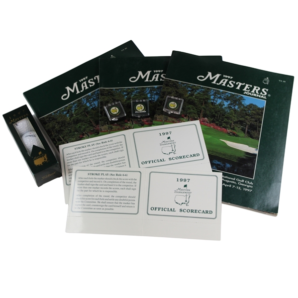 (3) 1997 Masters Journals, (2) Scorecards, (3) Golf Balls in Sleeve & (3) Ball Markers