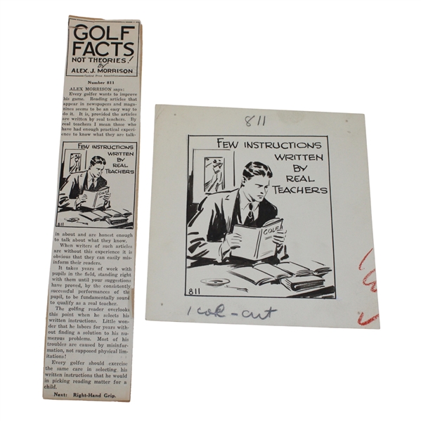 Original Pen & Ink Drawing w/ Aex Morrison Golf Facts Newspaper Article Used In