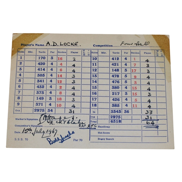 Bobby Locke Signed East Berks GC Scorecard From Personal Scrapbook JSA ALOA