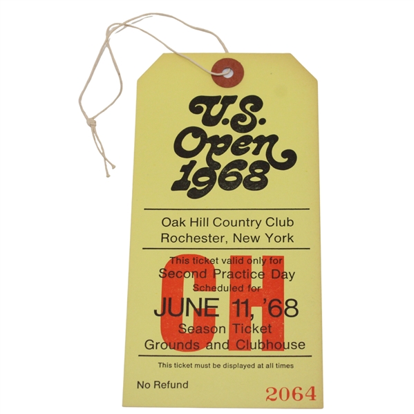 1968 US Open at Oak Hill Second Practice Day Clubhouse Ticket - Lee Trevino Win