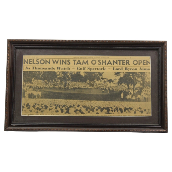 Byron Nelson Signed 1942 Seattle Post Nelson Wins Tam OShanter Open - Framed JSA ALOA