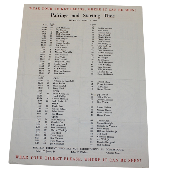 1958 Masters Tournament Thursday Pairing Sheet - Arnold Palmer Winner