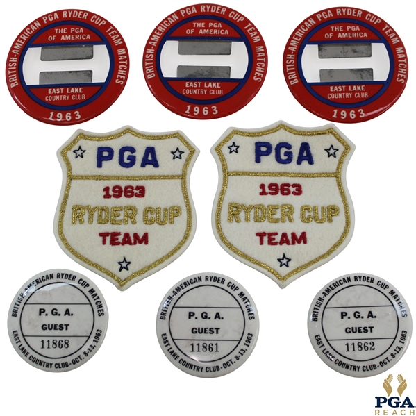 Three (3) 1963 Ryder Cup at East Lake Badges, (3) Guest Badges & (2) Team Patches