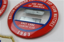 Three (3) 1963 Ryder Cup at East Lake Badges, (3) Guest Badges & (2) Team Patches