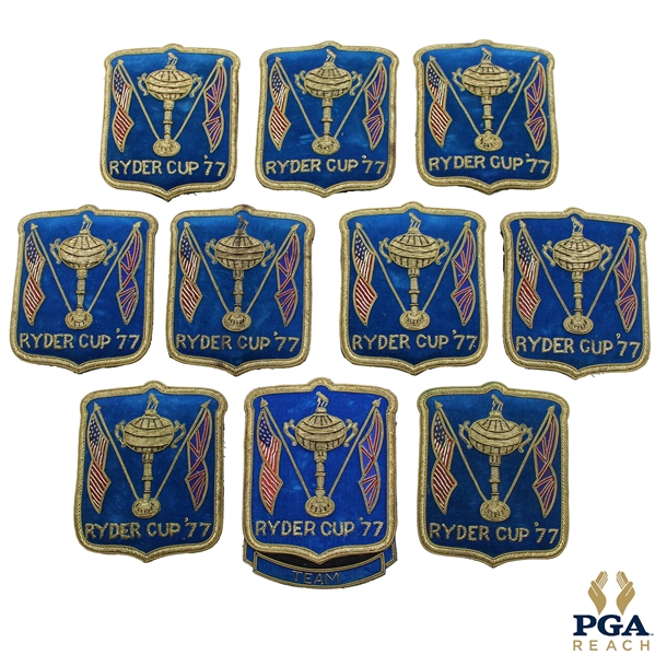 Ten (10) 1977 Ryder Cup at Royal Lytham & St. Annes Blue Coat Crests inc. One (1) Team Crests