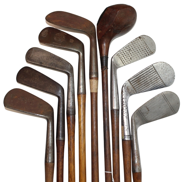 Nine (9) Wood Shaft Clubs 1 Wood, 2 Jiggers, Niblic, Rustless Iron From St. Andrews