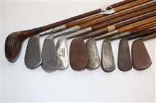Nine (9) Wood Shaft Clubs 1 Wood, 2 Jiggers, Niblic, Rustless Iron From St. Andrews