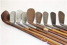 Nine (9) Wood Shaft Clubs 1 Wood, 2 Jiggers, Niblic, Rustless Iron From St. Andrews