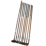 Nine (9) Wood Shaft Clubs 1 Wood, 2 Jiggers, Niblic, Rustless Iron From St. Andrews
