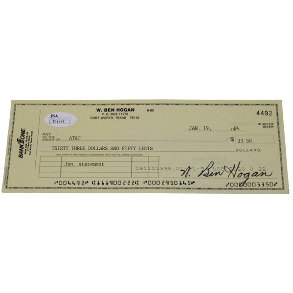 Ben Hogan Signed 1994 Check To AT&T - January 19th JSA #T41445