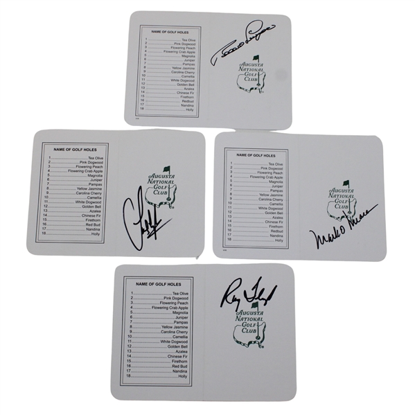 Mark OMeara, Bernhard Langer, Ray Floyd & Sandy Lyle Signed Augusta National GC Scorecards JSA ALOA
