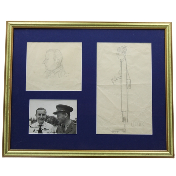 Henry Cotton Signed Photo & Two (2) Sketches One Of Cotton & One Of Enid Wilson - Framed JSA ALOA