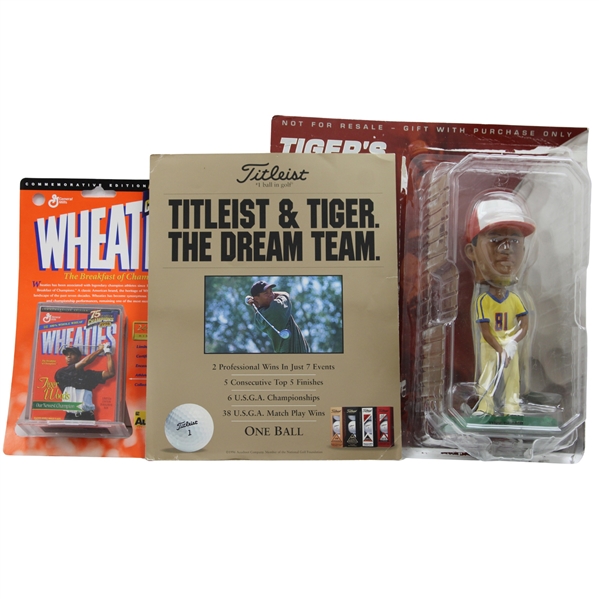 Tiger Woods Mini Gold Sig Wheaties, Ltd Ed Bobblehead & Titleist Ad