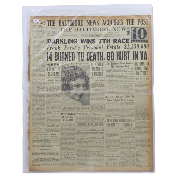 1934 Baltimore Sun Bobby Jones Jones Equals Par With 72 Newspaper Article/Photo - Masters