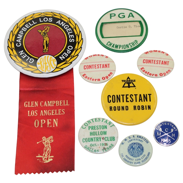 Eight (8) Various Contestant Ribbons & Badges inc. PGA Championship, Glen Campbell Open & more