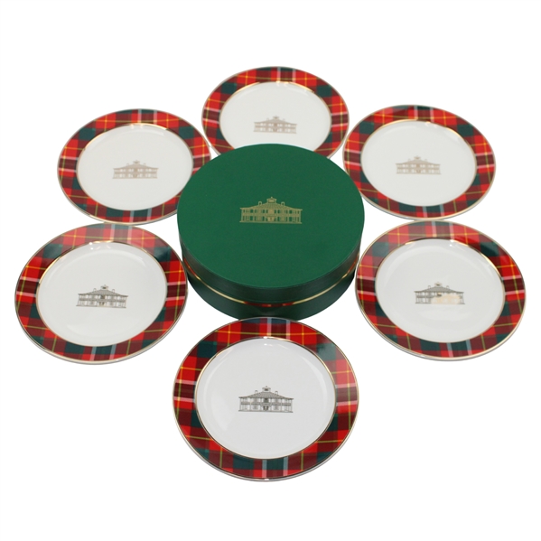 Six (6) Augusta National Clubhouse 2025 Holiday Party Red Tartan Pattern Porcelain Dishes