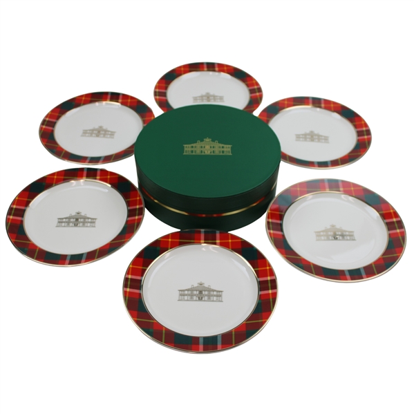 Six (6) Augusta National Clubhouse 2025 Holiday Party Red Checker Pattern Porcelain Dishes
