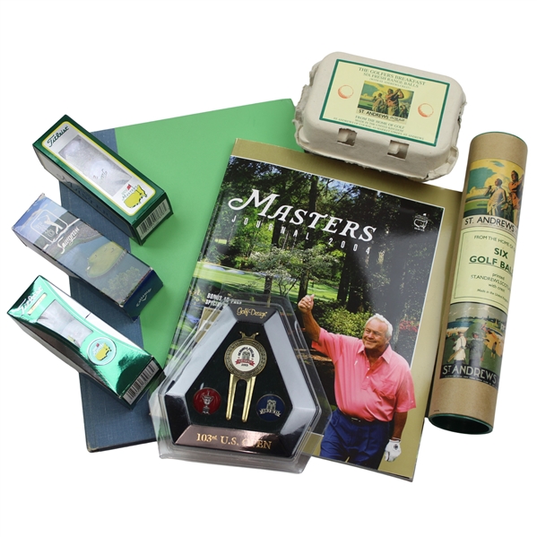 Palmer Signed Book, 2004 Masters Annual, Sleeves of Masters & St Andrews Golf Balls & more