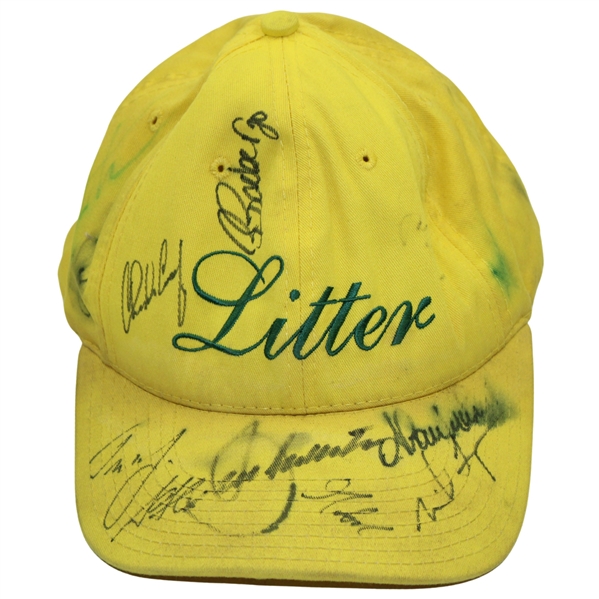 Seve, Coody & others Multi-Signed Masters Yellow Litter Caddy Hat JSA ALOA