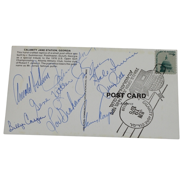Palmer, Nicklaus, Irwin, Player, Casper, Miller, Littler, Graham, & Pate Signed Calamity Jane Postcard JSA ALOA
