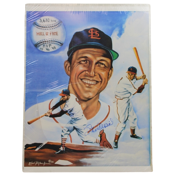 MLB HoFer Stan Musial Signed Oversize HoF/Hits/MVP Robert Simons 1985 Print JSA ALOA
