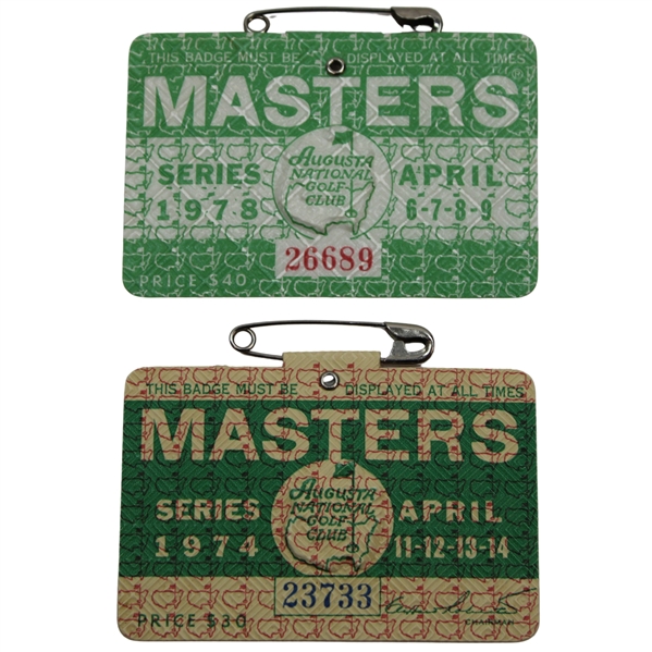 1974 & 1978 Masters Tournament SERIES Badges #23733 & #26689 - Gary Player Winner