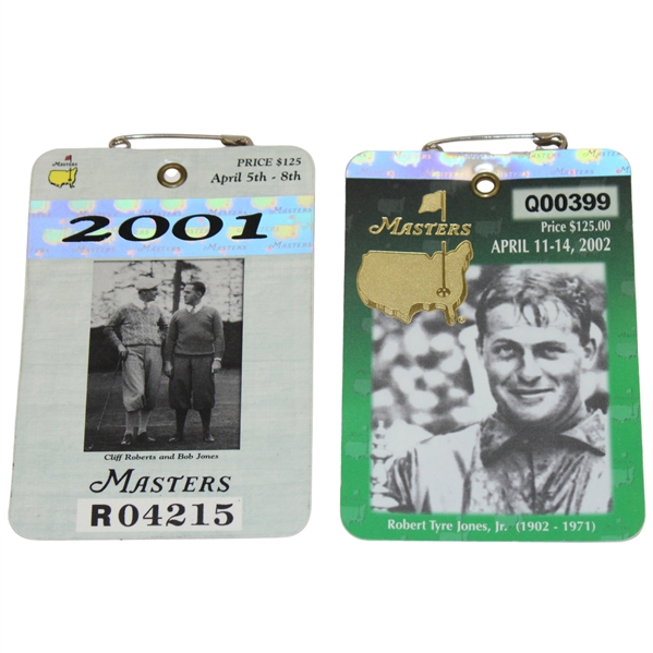 2001 & 2002 Masters Tournament SERIES Badges #R04215 & #Q00399 - Tiger Woods Wins