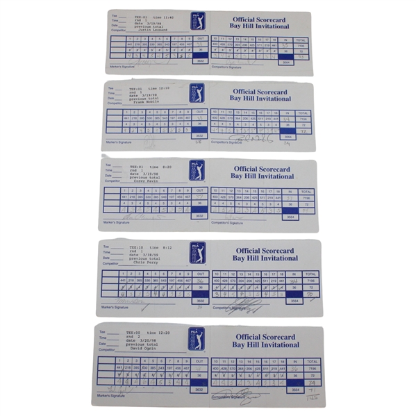 Perry, Pavin, Leonard & Seven (7) Others Signed 1998-99 Bay Hill Invitational Official Scorecards