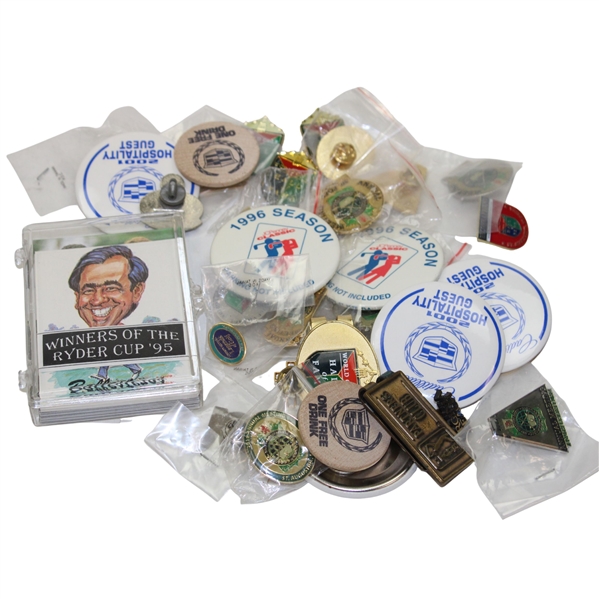 (2) 1996 JC Penney Classic Badges, Golf Pins & Ryder Cup Cards & More - Tiger Woods w/ Kelli Kuehne
