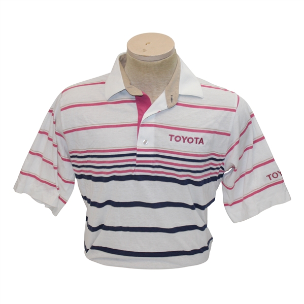 Chi Chi Rodriguezs Personal Pickering Pink & Navy Striped Polo w/Sponsor - M