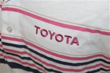 Chi Chi Rodriguez's Personal Pickering Pink & Navy Striped Polo w/Sponsor - M