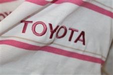 Chi Chi Rodriguez's Personal Pickering Pink & Navy Striped Polo w/Sponsor - M