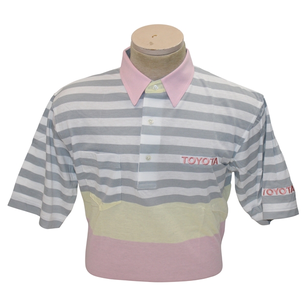 Chi Chi Rodriguezs Personal Tourney Gray & White Striped Polo w/Sponsor - M