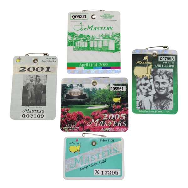 Collection of Five Masters Tournament Spectator Badges, 1997-2019, Tiger Woods Victory Years
