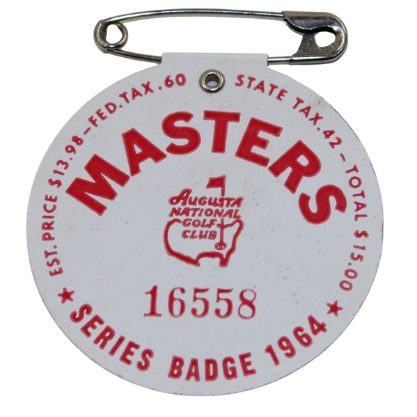 1964 Masters Tournament SERIES Badge #16558 - Arnold Palmer Winner