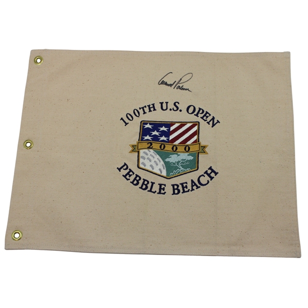 Arnold Palmer Signed 2000 US Open at Pebble Beach Tan Canvas Flag JSA ALOA