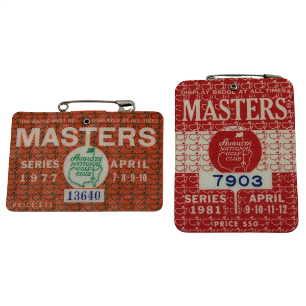 1977 & 1981 Masters Tournament SERIES Badges #13640 & #7903 - Tom Watson Winner