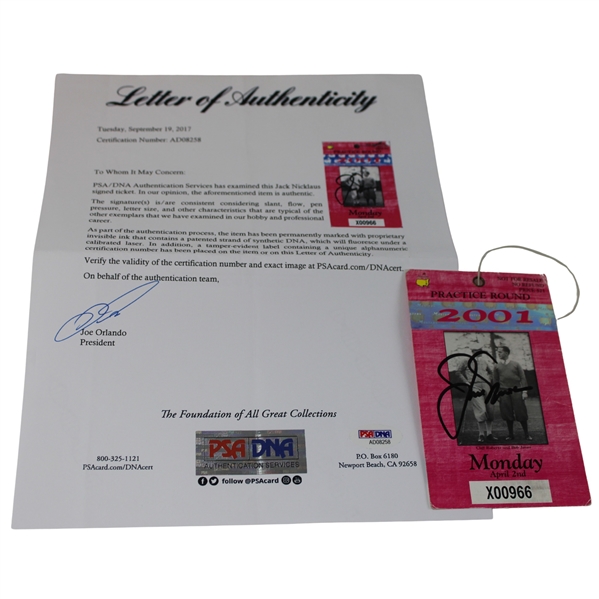 Jack Nicklaus Signed 2001 Masters Practice Round Monday Ticket PSA/DNA