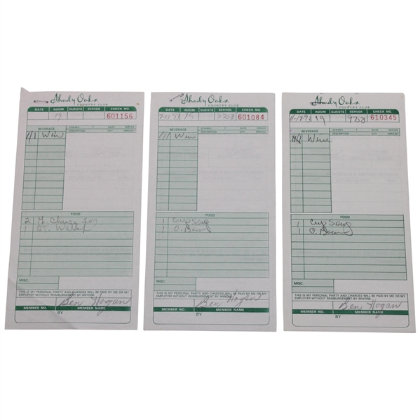 Three (3) Ben Hogan Signed Shady Oaks Country Club Receipts JSA ALOA