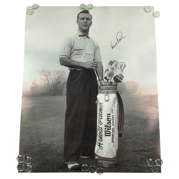 Arnold Palmer Signed B&W Photograph with Wilson Sporting Goods Golf Bag JSA ALOA