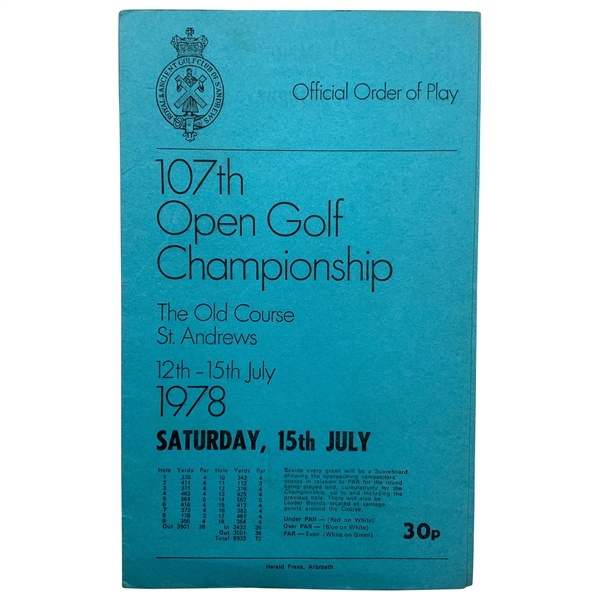 1978 Open Championship at St. Andrews Saturday Official Order of Play-Nicklaus Win
