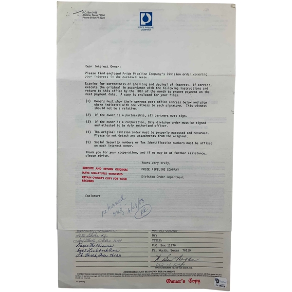 Ben Hogan Signed Pride Pipeline Company. Oil Division Order No. 509 Invoice JSA ALOA