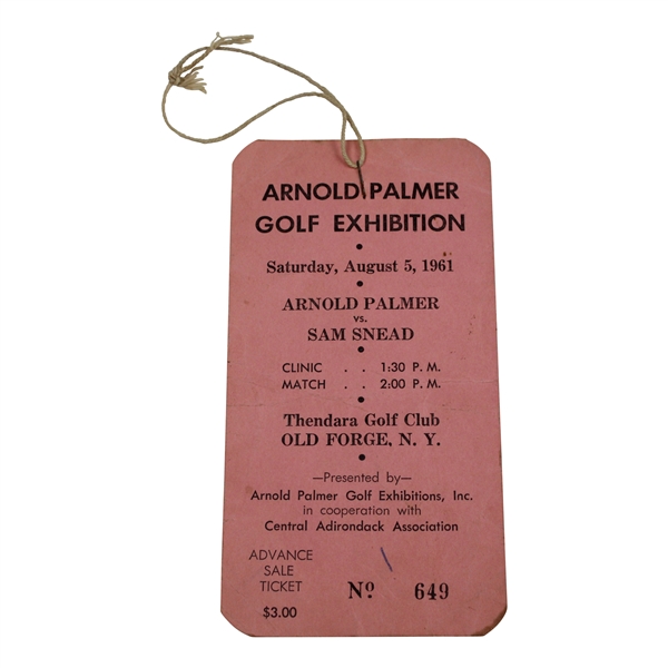 Arnold Palmer Signed 1961 Arnold Palmer vs Sam Snead Golf Exhibition Ticket #649 JSA ALOA