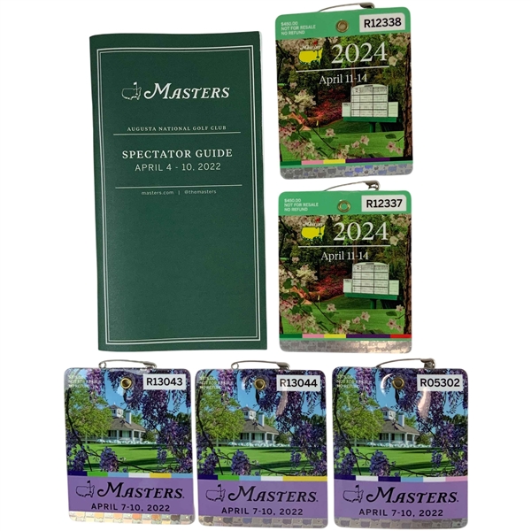 A Collection of Six Masters Tournament Spectator Badges and Spectator Guide from 2022 and 2024